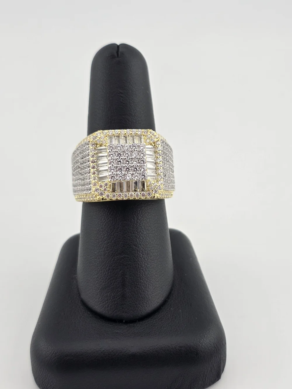Sterling Silver 925 Gold-Tone Pave Square Statement Ring with Clear C.z Stones